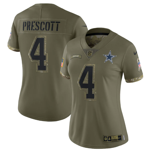 Women's Dallas Cowboys #4 Dak Prescott Olive 2022 Salute To Service Limited Stitched Jersey(Run Small)